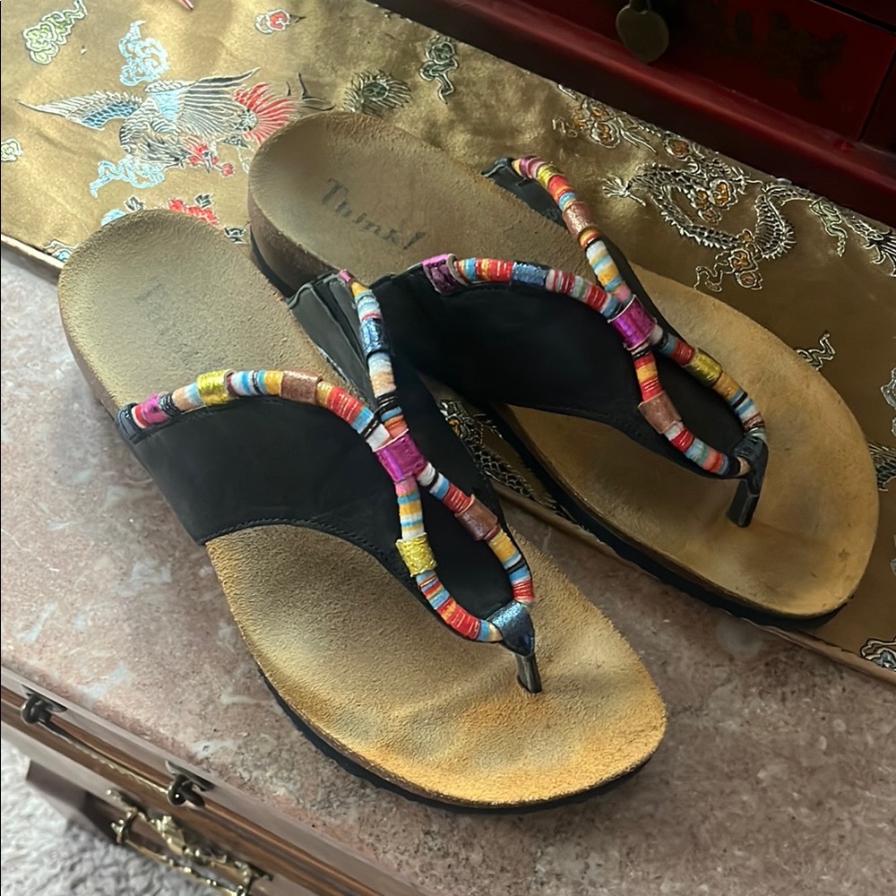 Think! Black Thong Sandal with Multicolor Wrapped Straps